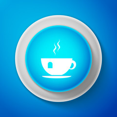 White Cup with tea bag icon isolated on blue background. Circle blue button with white line. Vector Illustration