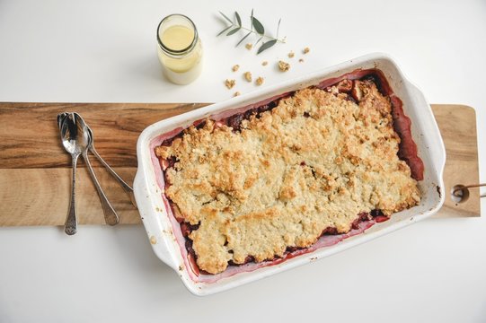 Apple crumble with custard