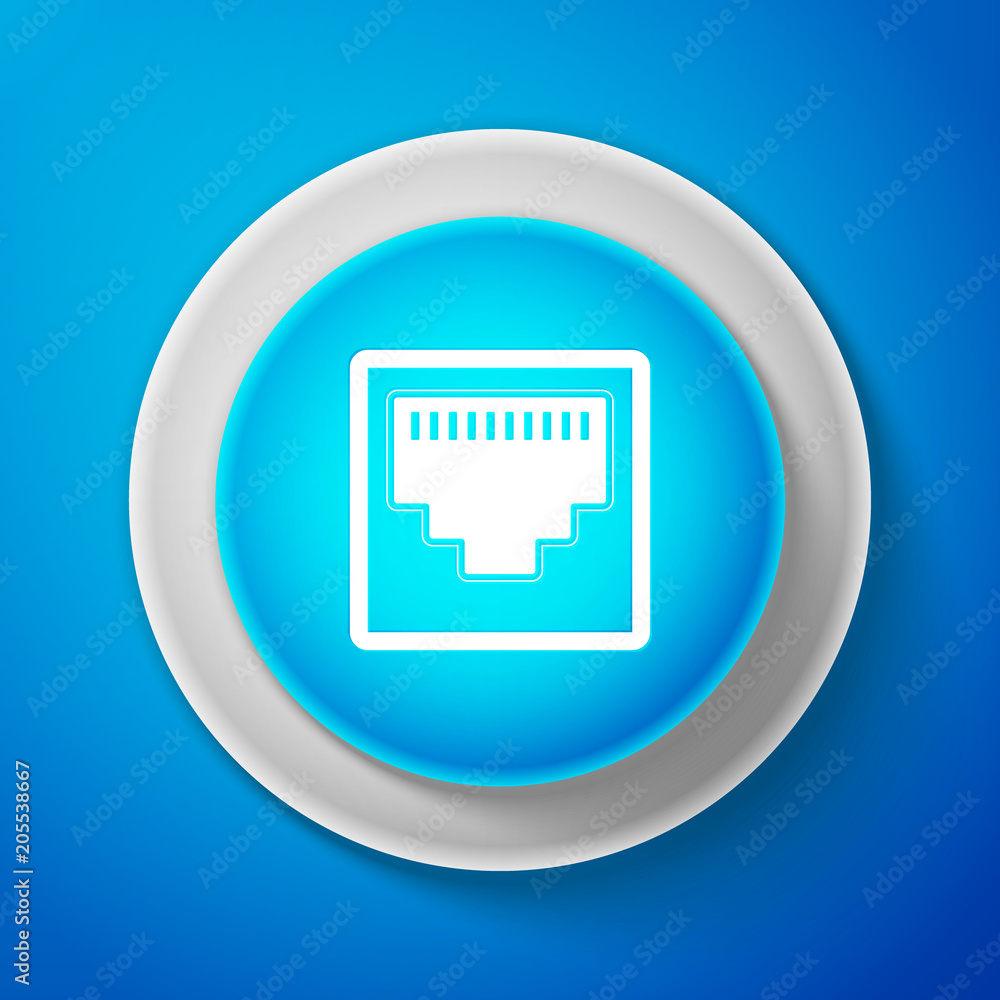 Poster white network port - cable socket icon isolated on blue background. lan port icon. ethernet simple i