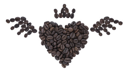 Heart shape made from coffee beans with wings and crown isolated on white background