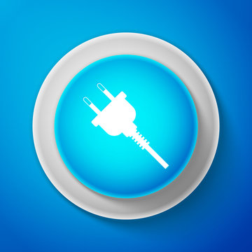 White Electric plug icon isolated on blue background. Concept of connection and disconnection of the electricity. Circle blue button with white line. Vector Illustration
