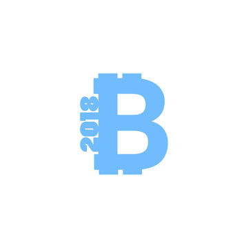 Bitcoin sign icon for internet money with text 2018. Crypto currency symbol and coin image for using in web projects or mobile applications. Blockchain based secure cryptocurrency.