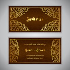 Luxury wedding invitation with golden ornament. Vector illustration