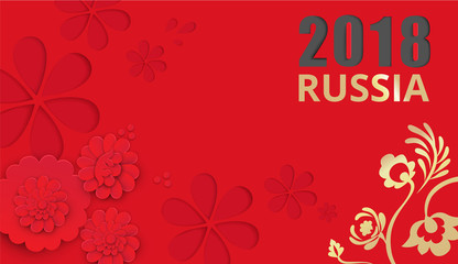 Red Russia 2018 background with floral ornament.