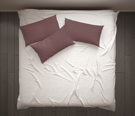Minimalistic bedroom, top view, closeup on double white and red bed, parquet floor, contemporary modern interior design