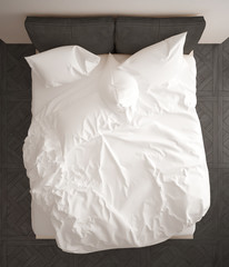 Obraz premium Minimalistic bedroom, top view, closeup on double white bed, parquet floor, contemporary modern interior design