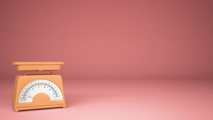 Kitchen orange empty weigh scales, on pink background copy space, measuring diet food concept idea