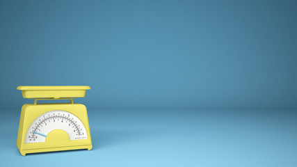 Kitchen yellow empty weigh scales, on blue background copy space, measuring diet food concept idea