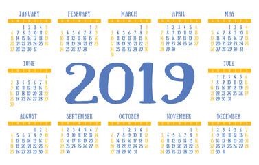 Calendar 2019 vector basic grid. Blue and yellow color design template