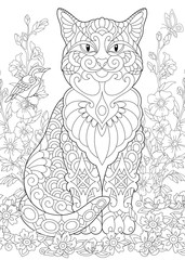 Cat. Spring garden. Coloring Page. Adult Coloring Book idea. 