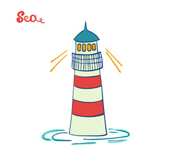 Lighthouse or beacon. Marine illustration. Sea and ocean theme