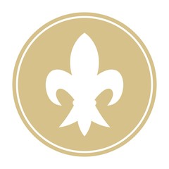 Gold royal lily on a white background. Fleur de lis icon. Heraldic design element in a circle isolated on white