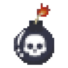 Pixel bomb with skull. 8 bit vector game icon isolated on white background.