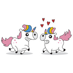 Cute and funny enamored unicorns. Vector cartoon illustration of a fairy animal isolated on white background.