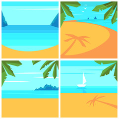 Summer background with beach, palm trees and ocean. Vector cartoon set.