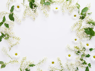Obraz na płótnie Canvas Cherry flowers on a white background, top view, flat layout. concept spring, summer, Mother's Day holidays, March 8. Flowering bird cherry.