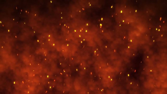 Fire flames with sparks flying glowing bonfire embers on red hellfire clouds of smoke. Available in FullHD video render footage motion graphic