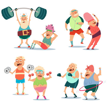 Fitness elderly couple man and woman doing exercise. Workout grandmothers and grandfathers vector cartoon cute character set isolated on a white background. Healthy lifestyle senior people.