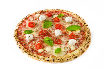 Pizza with tomatoes, cheese and basil isolated on white background

