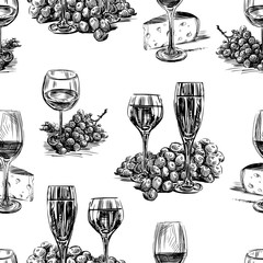 Pattern of the wine glasses,grape and cheese