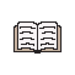 Pixel art book. Vector 8 bit game web icon isolated on white background.