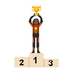 Pixel art car racer with gold trophy and medal on the podium. Vector 8 bit game people character isolated on white background.