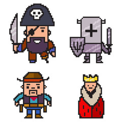 Pixel art pirate, knight, cowboy and queen. Vector 8 bit game character set isolated on white background.