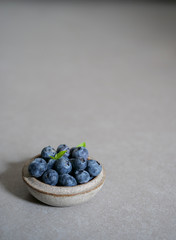Fresh blueberries, in a ceramic bowl, on a gray background