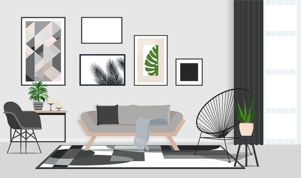 Interior design in Scandinavian style with wooden sofa. Vector flat illustration.