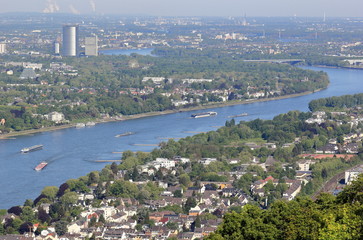 Fototapeta premium View downstream River Rhine overlooking Koenigswinter and Bonn. Germany.