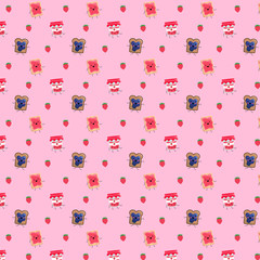 Pattern based on a kawaii illustration of a funny and yummy breakfast set dancing happily. There’s a bottle of strawberry jam glass bottle and two toasts: one with strawberry, other blueberry