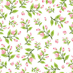Light Pink Garden Flowers and Green Leaves Seamless Pattern. Vector illustration for textile, wallpapers, wedding, birthday and different holidays. Cute summer and spring background. Isolated.