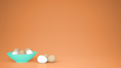 Chicken eggs into a turquoise cup and on the table, orange background with copy space, breakfast easter food concept idea
