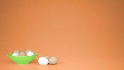 Chicken eggs into a green cup and on the table, orange background with copy space, breakfast easter food concept idea