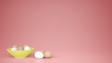 Chicken eggs into a yellow cup and on the table, pink background with copy space, breakfast easter food concept idea
