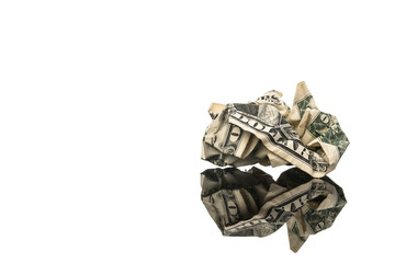 Crumpled money US dollar bill with copy space on white isolated background. Cut out. Money background.