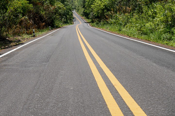 Fototapeta na wymiar Beautiful asphalt road with vanishing point and double yellow line with no car and nobody 