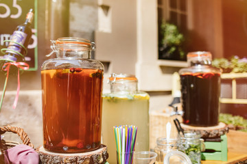 Top view of summer dinks, fruit cocktails on white wood table wi