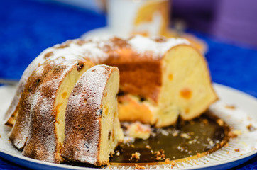 Sliced cake stand on a table