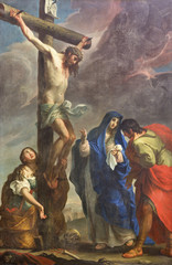 PARMA, ITALY - APRIL 16, 2018: The painting of Crucifixion in church Chiesa di San Antonio Abate by Giuseppe Peroni (1710 - 1776).