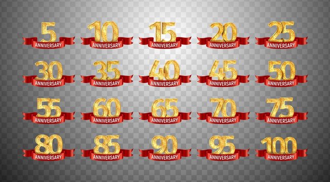 Set of anniversary isolated numbers on transparent background. 5, 10, 15, 20, 25, 30,35, 40, 45, 50, 55, 60, 65, 70, 75, 80, 85, 90, 95, 100 golden years with red ribbons jubilee template
