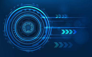 Blue technology circle and computer abstract background with blue and binary code matrix. Business and Connection. Futuristic and Industry 4.0 concept. Internet cyber and network theme. HUD interface