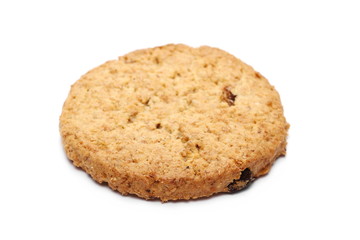 Round whole wheat biscuits with raisins isolated on white background