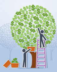 Stick figures are picking dollars from dollar trees. Vector illustration