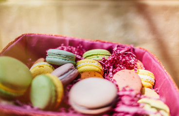 Colorful macaroons. Sweet macarons with copy space for text. Top
