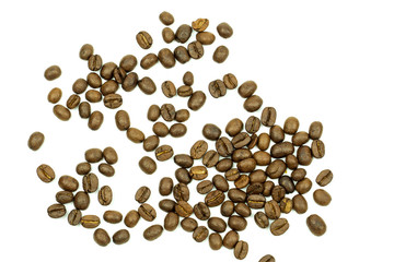 close up of medium or dark roasted coffee beans isolated on white background, can be used as a background or graphic object in your ads.