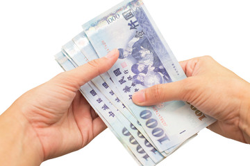 Holding Taiwan money on isolate white background.