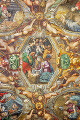 PARMA, ITALY - APRIL 17, 2018: The fresco Nativity on the cieling of church Chiesa di Santa Maria degli Angeli by Pier Antonio Bernabei (1620).