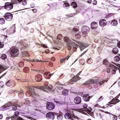 Seamless watercolor pattern with the image of a cluster of berries of a mountain ash, cherry, viburnum, leaves. In the decorative style. pink, purple, white, black, burgundy color. 