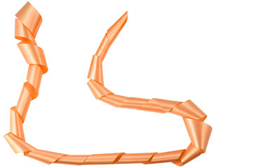 Satin ribbon in pink, lined with coils in the shape of a silhouette of a boot or boot on a white...